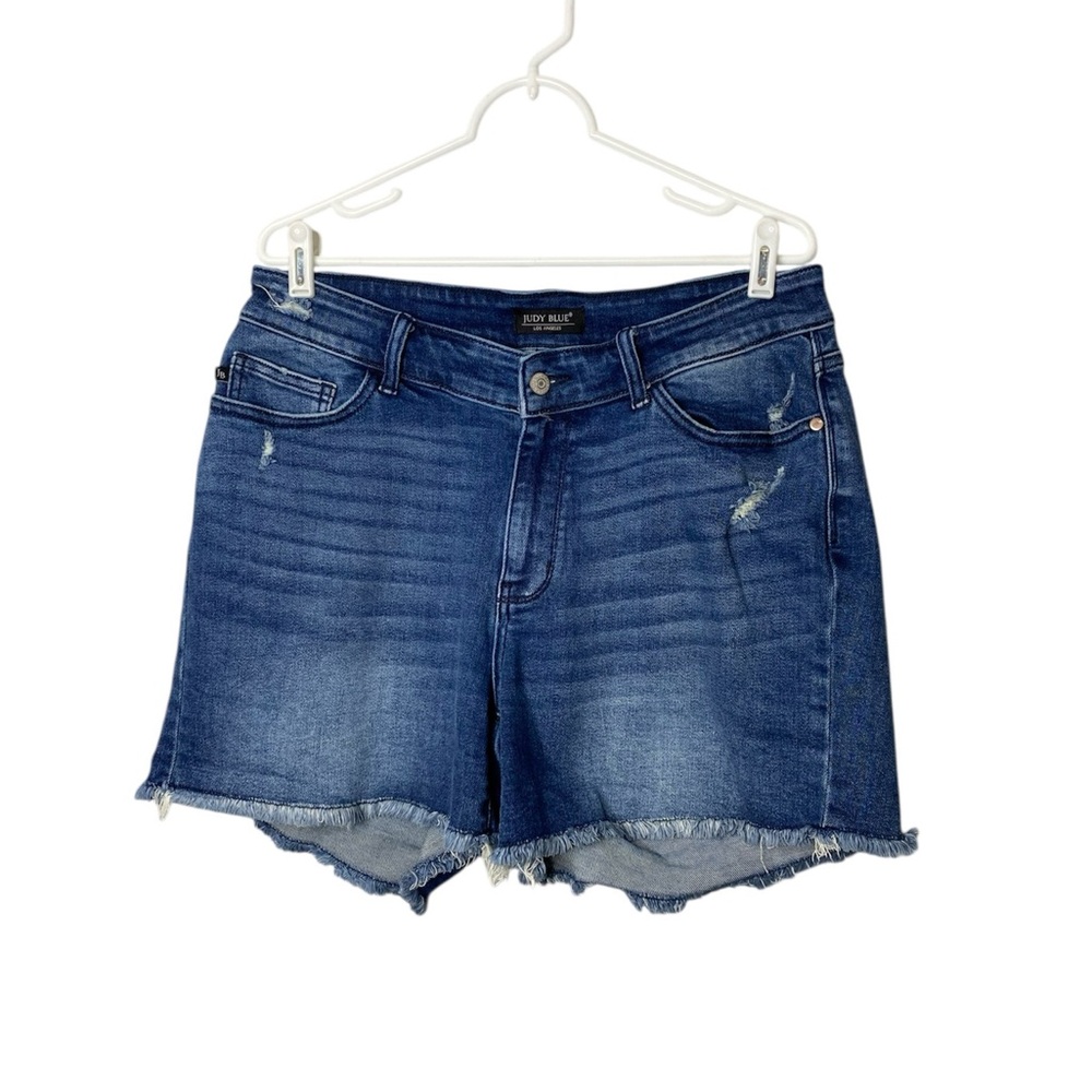 Judy Blue Blue Jean Shorts with Frayed Hem and Distressed Look - Picture 1 of 8
